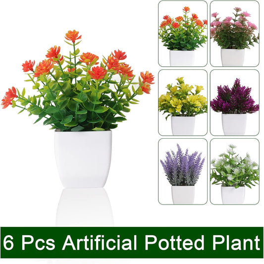 6pcs Artificial Pot Flowers Small Fake Plants with Pot Mini Potted Plants for House Office Tabletop Decoration