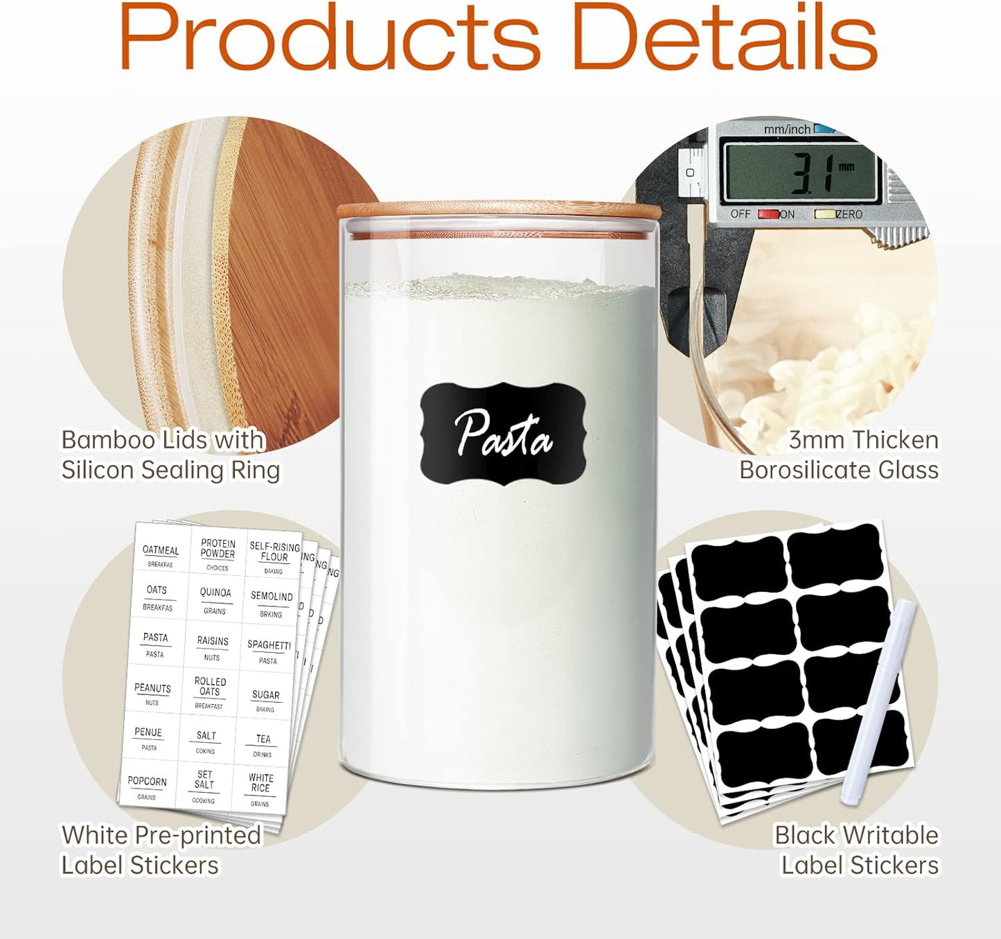 Large Glass Flour and Sugar Containers 180oz x2 [Set of 2], Glass Food Storage Containers with Bamboo Lids, Glass Jar with Airtight Lids for Spaghetti Pasta,Rice,Cereal,Candy,Coffee, Oat