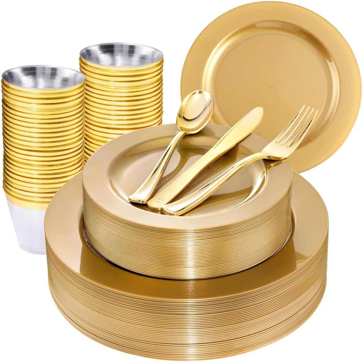 DaYammi 180pcs Gold Plastic Plates Gold Disposable Plates Plastic Silverware Include 30 Dinner Plates 30 Dessert Platos 30 Fork 30 Knives 30 Spoon 30 Cup for Party