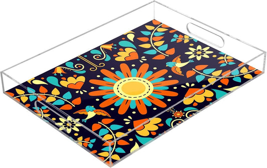 Acrylic Serving Tray with Handles Spill Proof Kitchen Storage Tray Clear Decorative Tray Makeup Drawer Organizer Storage Tray for Bathroom Living Room Ottoman 15.7x11.8Inches