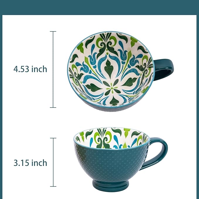 Topadorn Ceramic Coffee Mugs with Handle Set of 2, Hand-Painted Floral Pattern Ceramic Soup Mugs for Salad, Cappuccino, Cereal, Milk, Latte, Tea, Cocoa, Breakfast Oatmeal Cups(Green & Yellow)