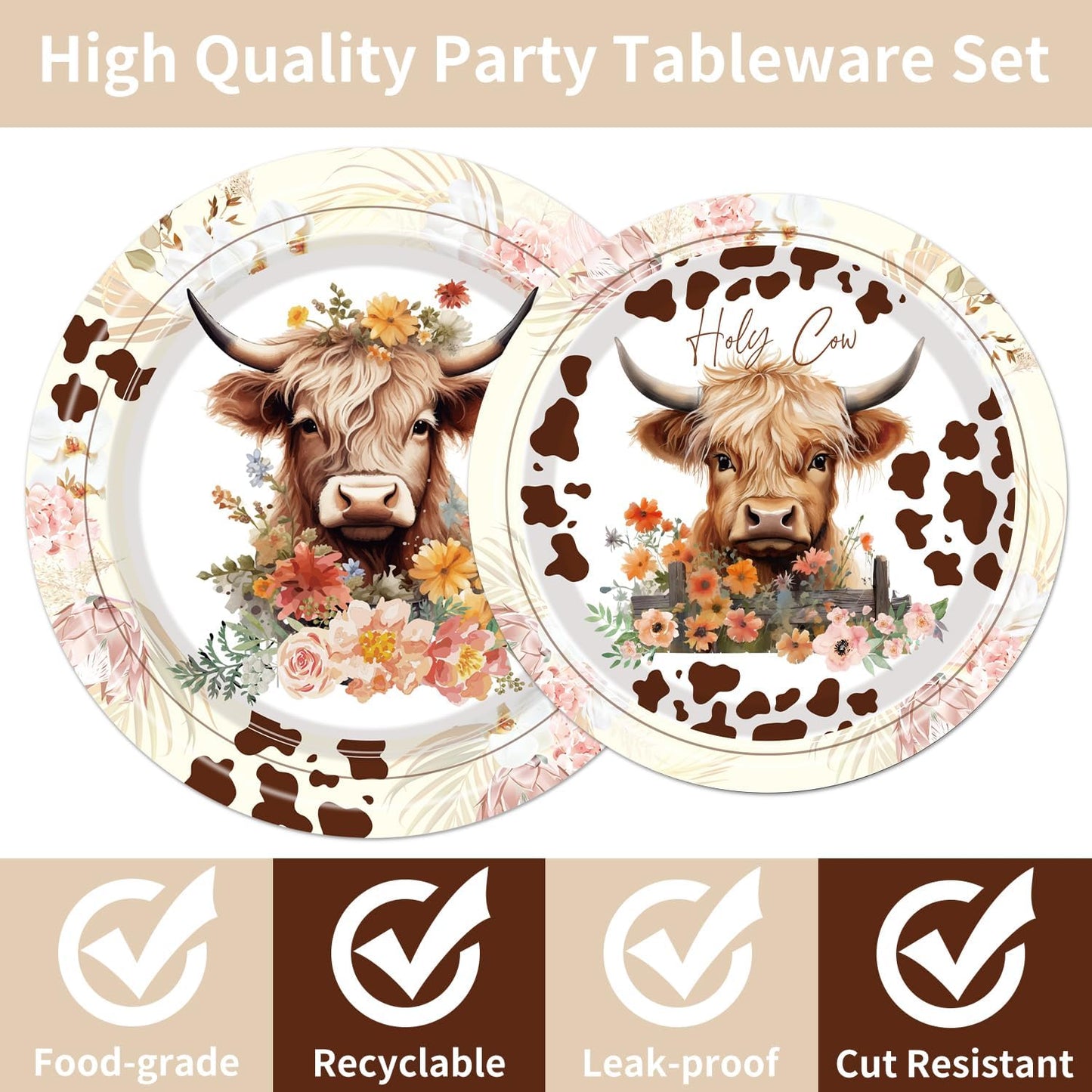 Highland Cow Party Supplies Tableware - 96 Pcs Brown Cow Tableware Disposable Plates Napkins Forks Sets for 24 Guests, Highland Cow Party Decorations Animal Party Favor for Baby Shower Kids Birthday