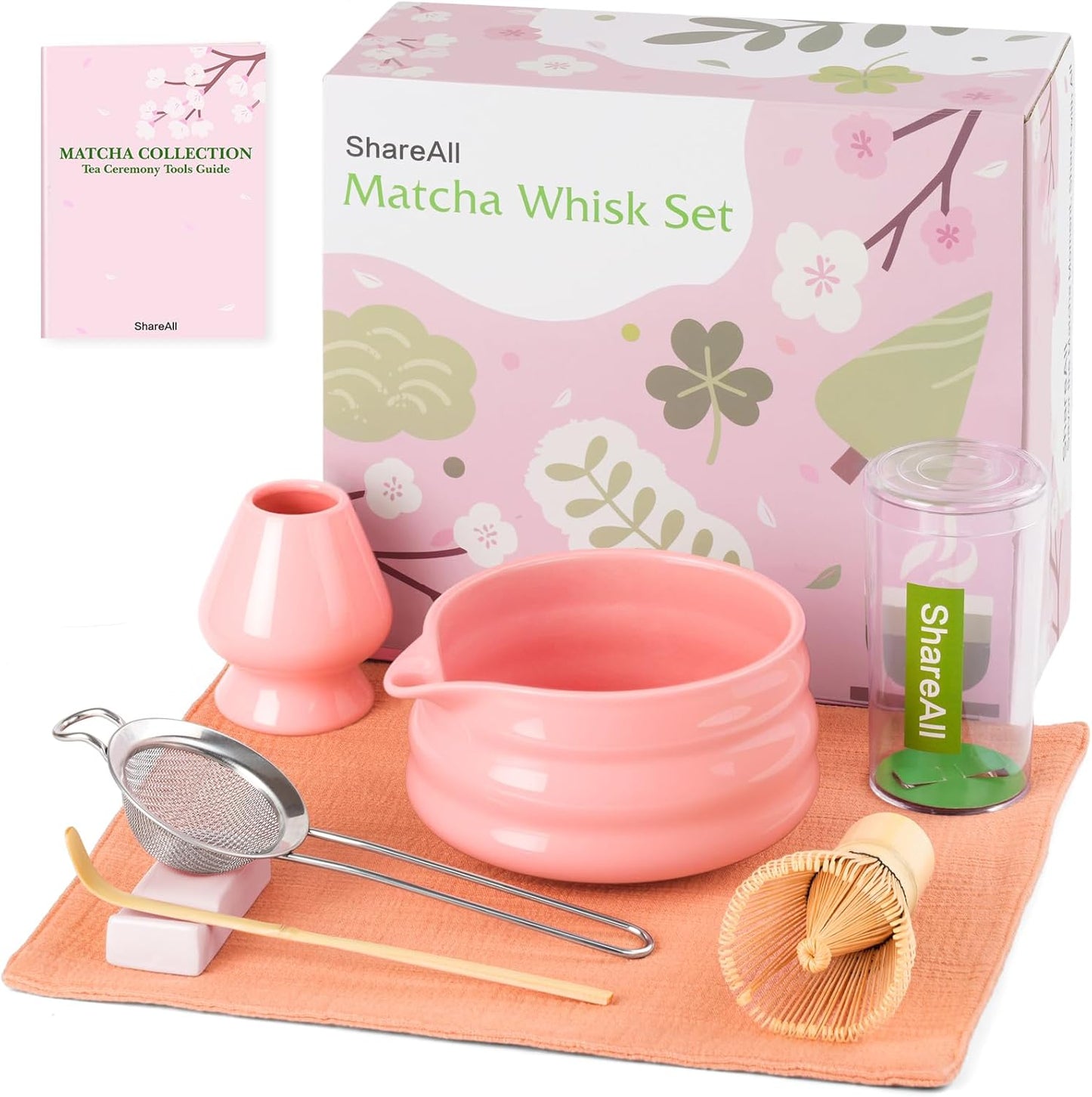 Matcha Whisk Set, 7Pcs Matcha Set - Matcha Bowl with Spout, Handcrafted Bamboo Whisk Chasen & Ceramic Holder, Steel Sifter, Towel, Matcha Kit for Tea Lovers, Timeless Ideal Gift (Pink)