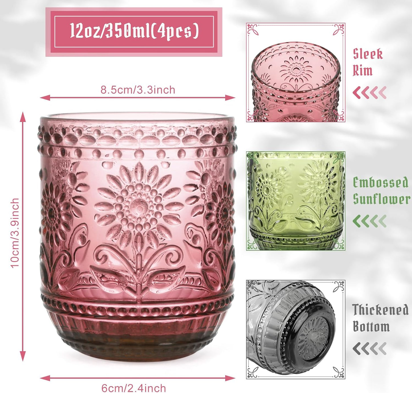 Glass Cups, Vintage Glassware Drinking Glass Set of 4, 12oz Colored Glassware with Sunflower Design, Embossed Floral Decorative Glasses Drinking Set for Cocktail, Wine, Vintage Drinking Glasses