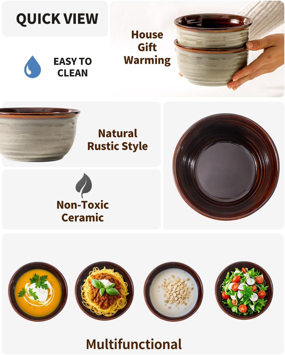 Hasense Ceramic Soup Bowls Set of 6, 20 Ounce Cereal Bowls for Serving,Oatmeal, Rice, Desserts, Salads, and Pasta, Serving Dishes for Entertaining, Microwave and Dishwasher Safe, Light Grey