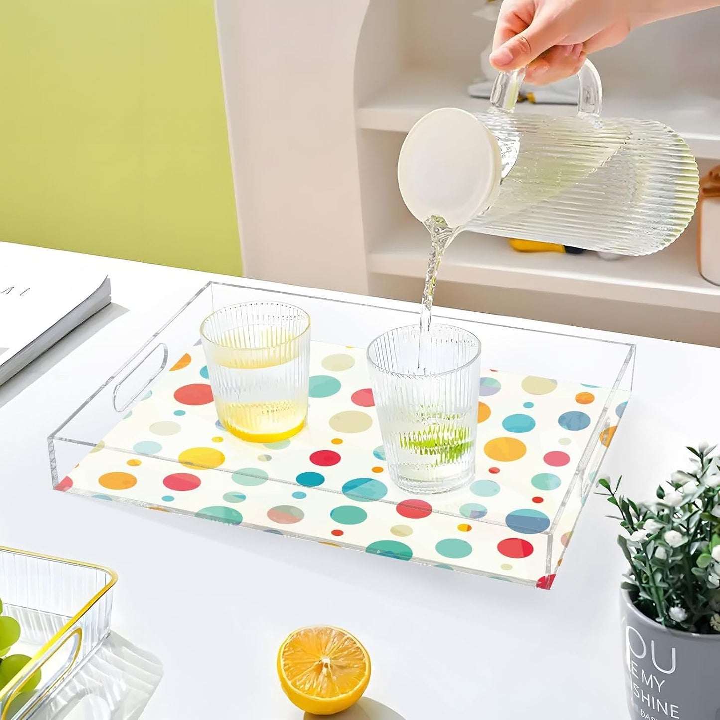 Acrylic Serving Tray with Handles Spill Proof Kitchen Storage Tray Clear Decorative Tray Makeup Drawer Organizer Storage Tray for Bathroom Living Room Ottoman 15.7x11.8Inches