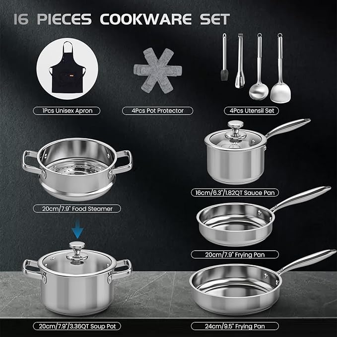 Meythway Pots and Pans Set Non Toxic, 16PCs Stainless Steel Cookware Set with Steamer, Kitchen Induction Cookware with Utensil Sets, Pot Protectors and Apron For Oven & Dishwasher Safe