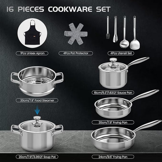 Meythway Pots and Pans Set Non Toxic, 16PCs Stainless Steel Cookware Set with Steamer, Kitchen Induction Cookware with Utensil Sets, Pot Protectors and Apron For Oven & Dishwasher Safe