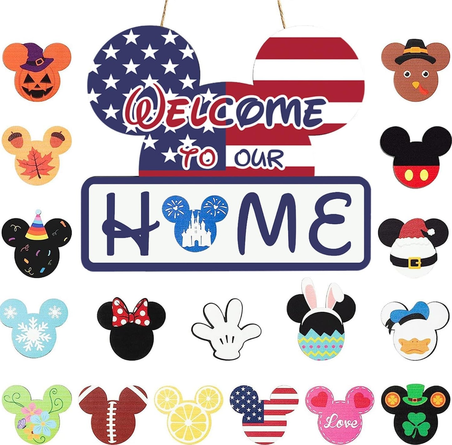 19Pcs Cute Mouse Interchangeable Seasonal Welcome Door Sign for Front Door Decor, Welcome to Our Home Sign with Interchangeable Holiday Pieces for Farmhouse/Wall/Porch Decor and Housewarming