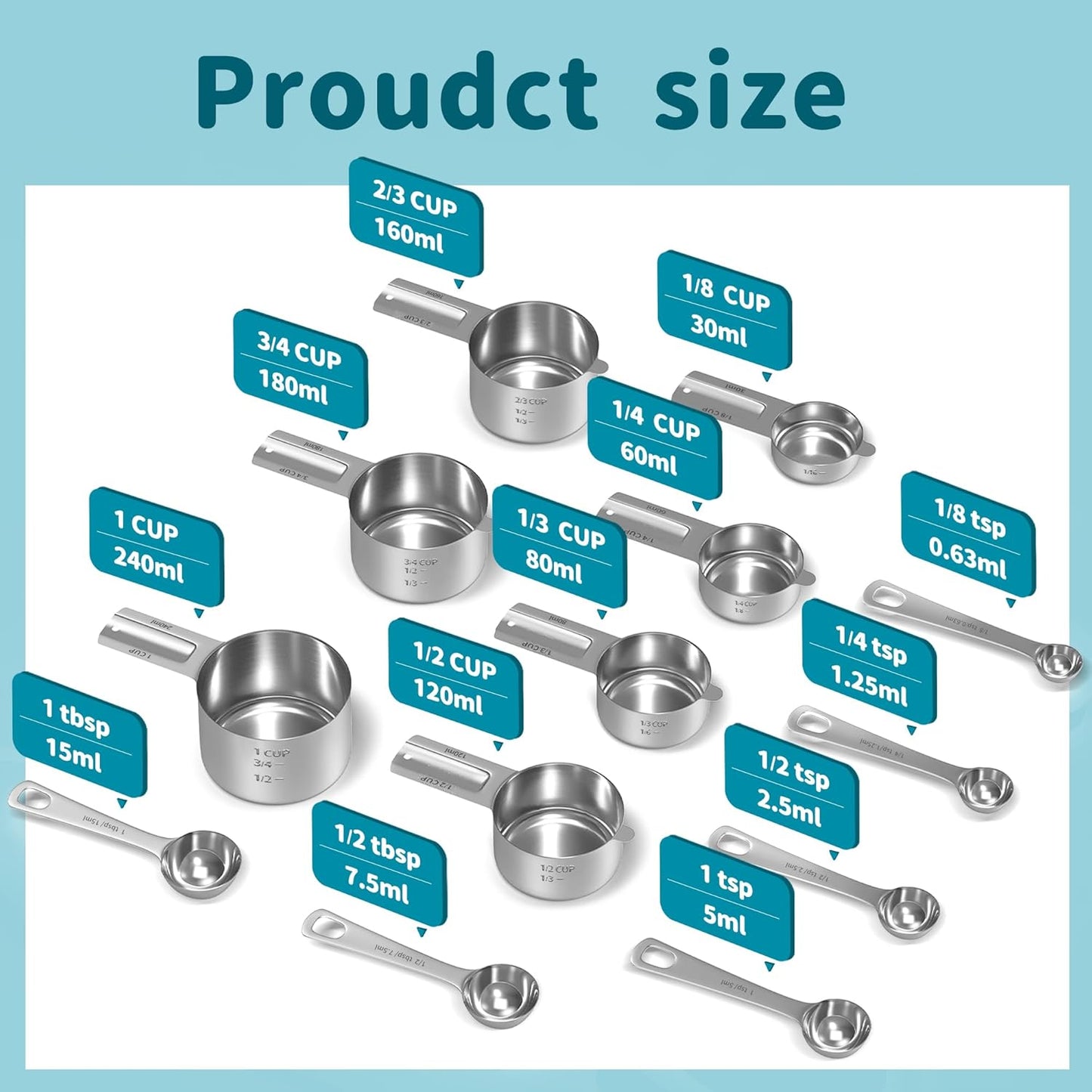 Measuring Cups and Spoons Set, Stainless Steel Measuring Cups Measuring Spoons with Easy to Read Markings, Ideal Kitchen Gadgets for Cooking & Baking, 13 Pack