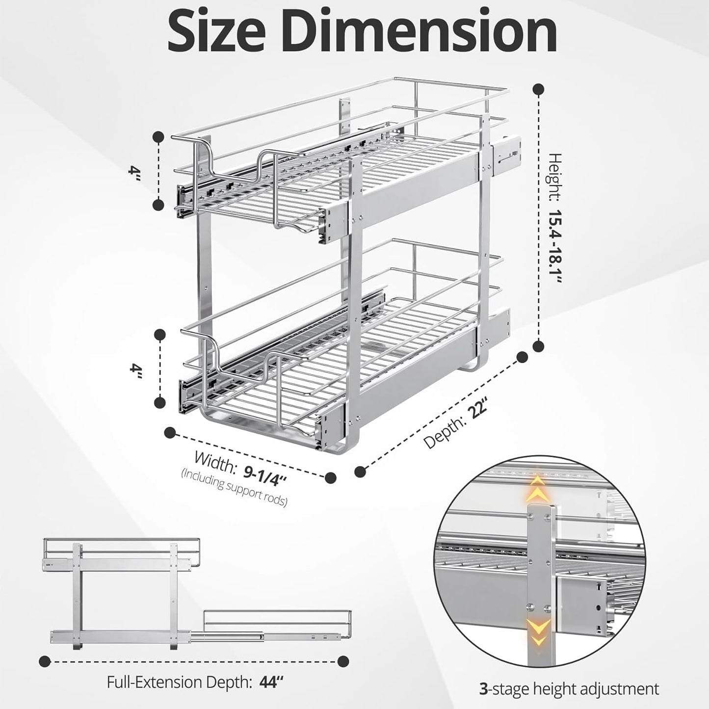 ZOINLIY Pull Out Cabinet Organizer, Versatile Slide Out Kitchen Organizers and Storage,Heavy Duty Drawer Cupboard Storage Basket, Smooth Sliding, Chrome Finish (2-Tiers-9¼''W×22“D)