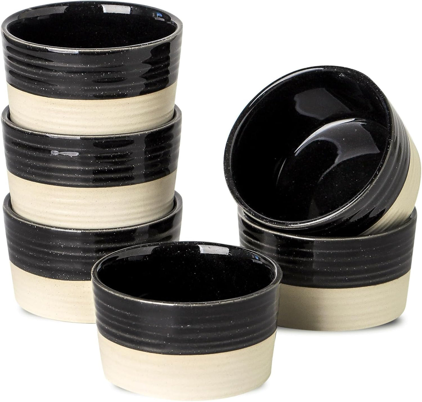 Ramekins 6 OZ for Creme Brulee Oven Safe,Ceramic Souffle Cups Set of 6,Small Dipping Sauce Cups for Charcuterie,Dessert,Dipping Sauce,Custard and Pudding,Microwave & Oven Safe,Patchwork Black