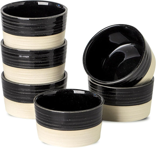 Ramekins 6 OZ for Creme Brulee Oven Safe,Ceramic Souffle Cups Set of 6,Small Dipping Sauce Cups for Charcuterie,Dessert,Dipping Sauce,Custard and Pudding,Microwave & Oven Safe,Patchwork Black