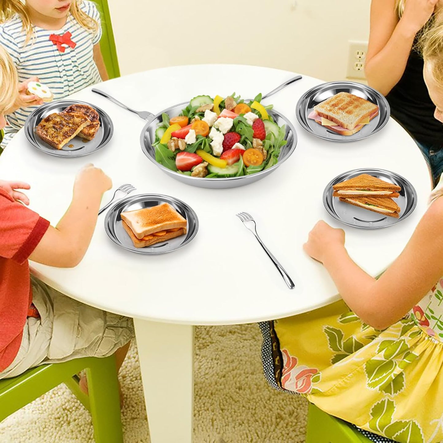 4 Patterned Deep Stainless Steel Plates, 7.8 inch 201 Metal Camping Plate, Reusable Food Serving Dish Snack Eating Dishes Round Shatterproof Silver BBQ Dinner Dinnerware Oven Dishwasher Safe