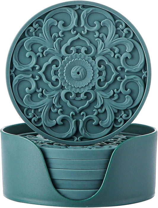 Colinda Silicone Coasters - Set of 6 with Holder, Non-Slip Cup Mats for Hot and Cold Drinks, Decorative Designs, Gift Ready Packaging,Malachite Green
