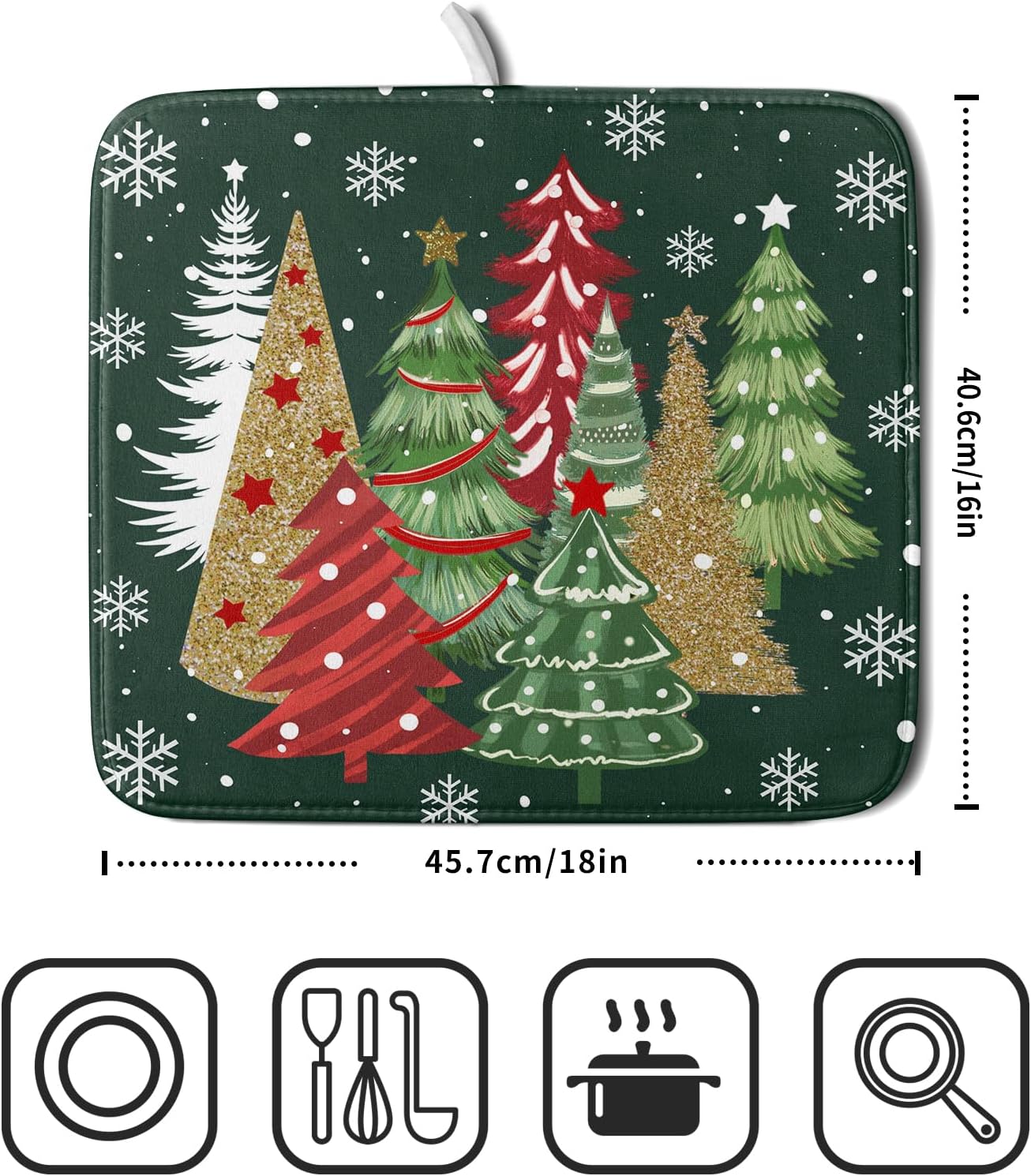Christmas Green Dish Drying Mats 16x18 Inch, Farmhouse Gold Red Xmas Pine Trees Winter Holiday Absorbent Fast Dry Microfiber Dishes Drainer Rack Pad Farmhouse Rustic Holiday Kitchen Decor