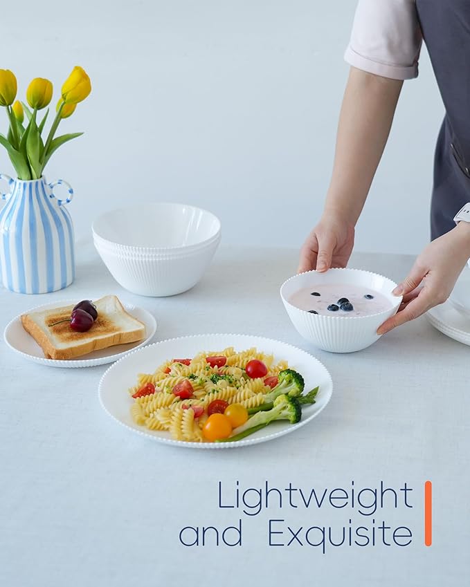 Dinnerware Sets for 4, 12 Pieces Opal Glass Plates and Bowls Set, Dishwasher and Microwave Safe Ribbed Dish Dinning Ware, Chip and Scratch Resistant Dishware, White