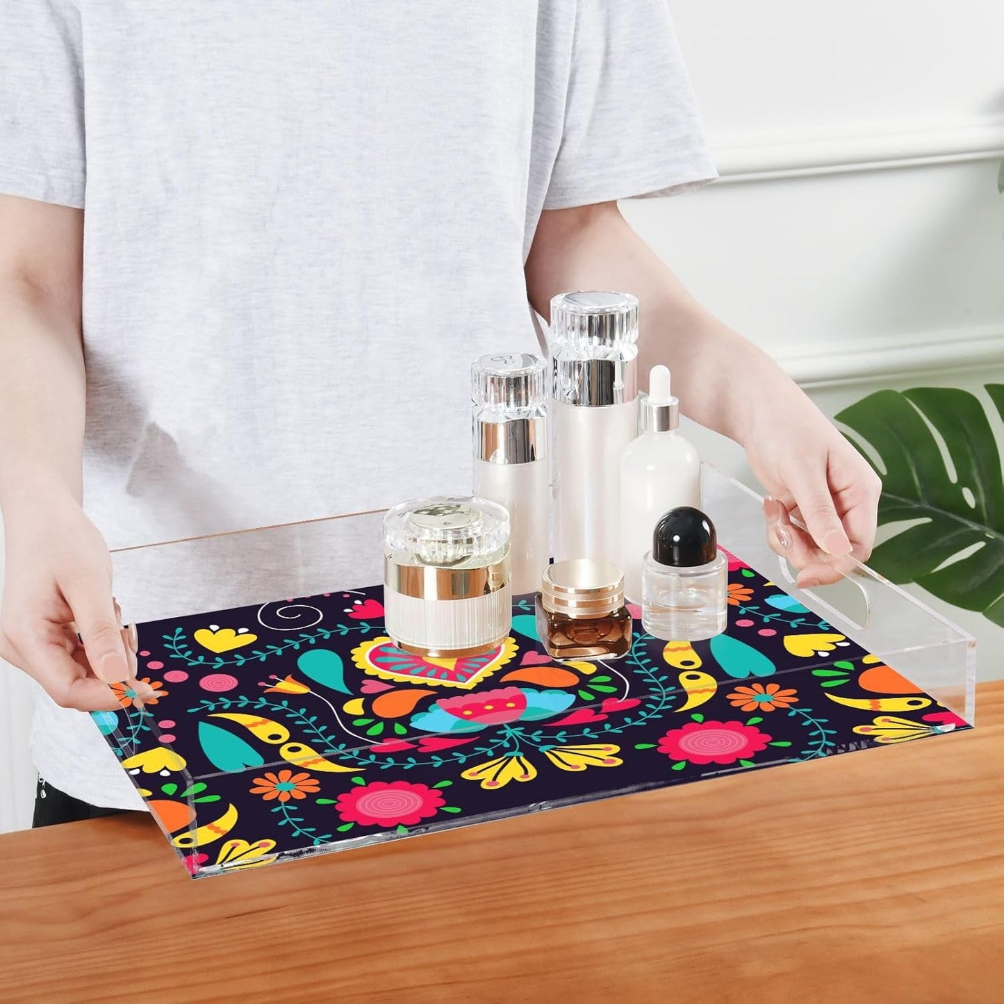 Acrylic Serving Tray with Handles Spill Proof Kitchen Storage Tray Clear Decorative Tray Makeup Drawer Organizer Storage Tray for Bathroom Living Room Ottoman 15.7x11.8Inches