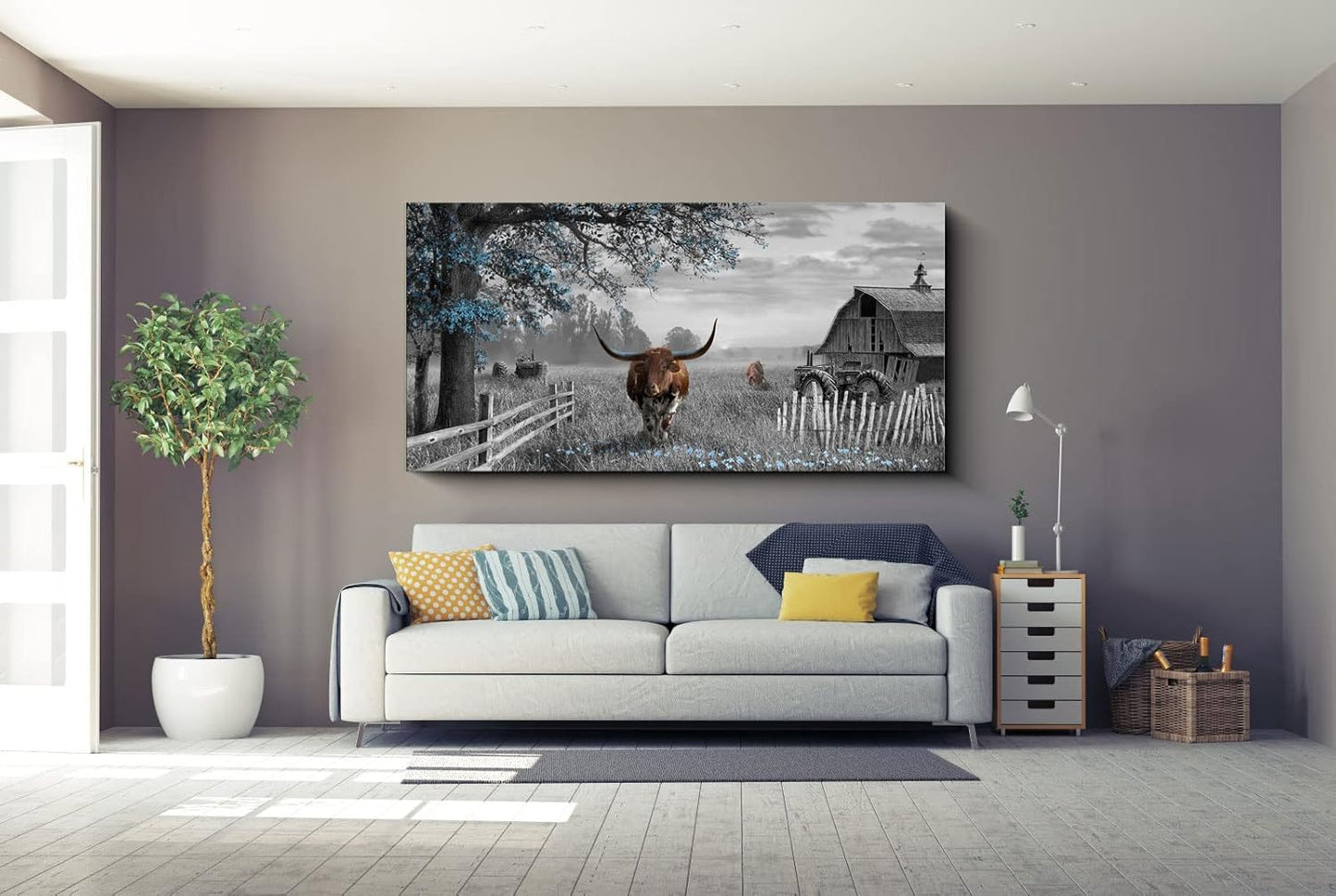 yiijeah Large Country Brown Cow Blue Tree Pictures Farmhouse for Living Room Rustic Wall Decor for Master Bedroom Wall Decor Above Bed Wall Art