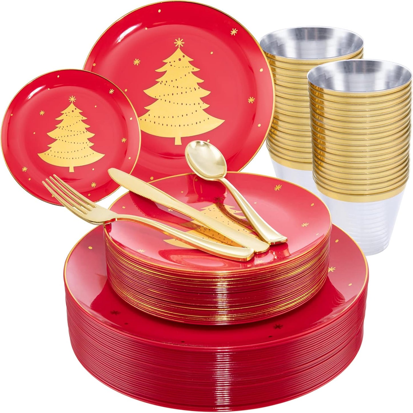 WDF 150pcs Christmas Plates - Christmas Red Plastic Plates with Christmas Tree, Gold Plastic Silverware, Clear Gold Cups, Christmas Design Perfect for Christmas Parties
