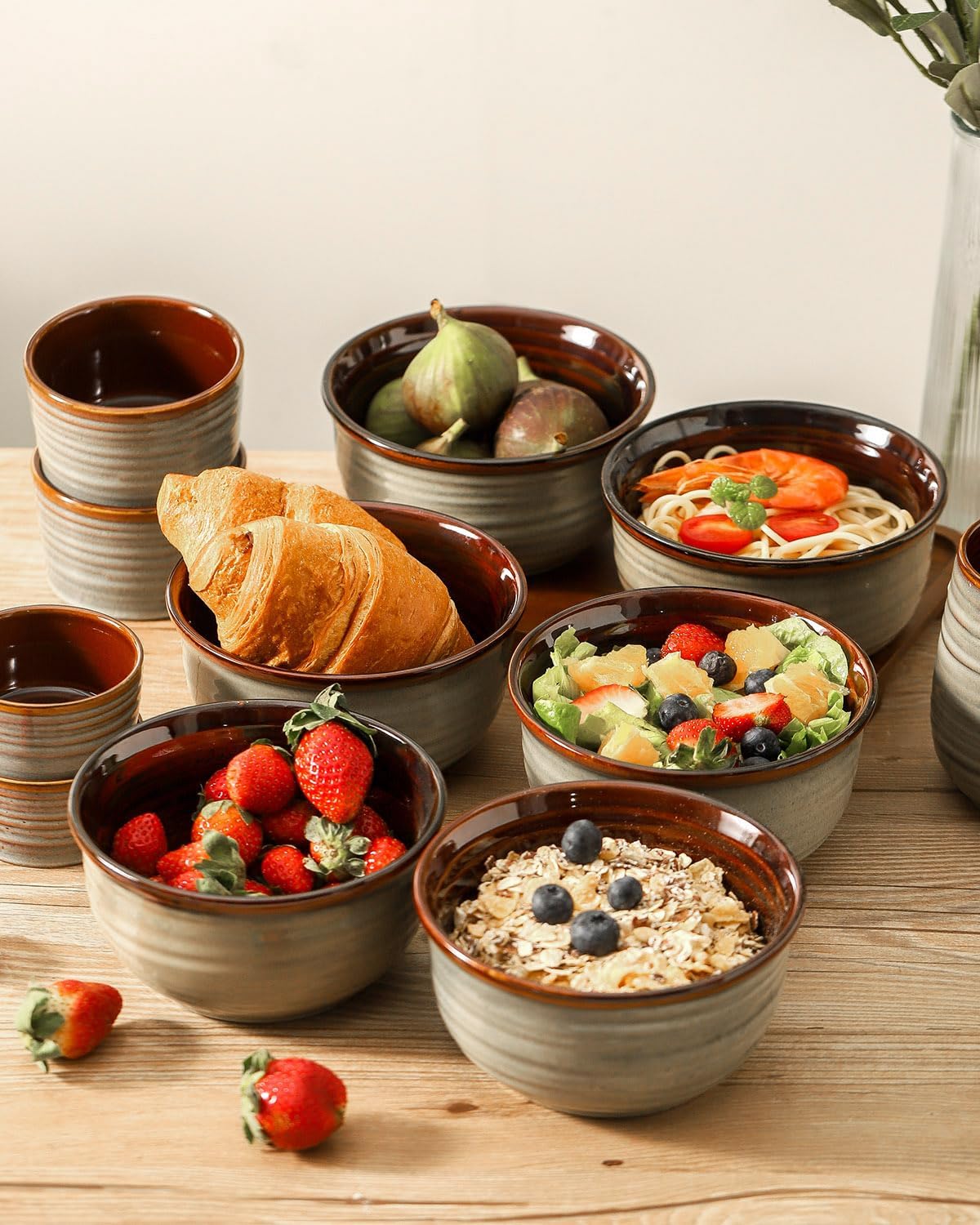 Hasense Ceramic Soup Bowls Set of 6, 20 Ounce Cereal Bowls for Serving,Oatmeal, Rice, Desserts, Salads, and Pasta, Serving Dishes for Entertaining, Microwave and Dishwasher Safe, Light Grey