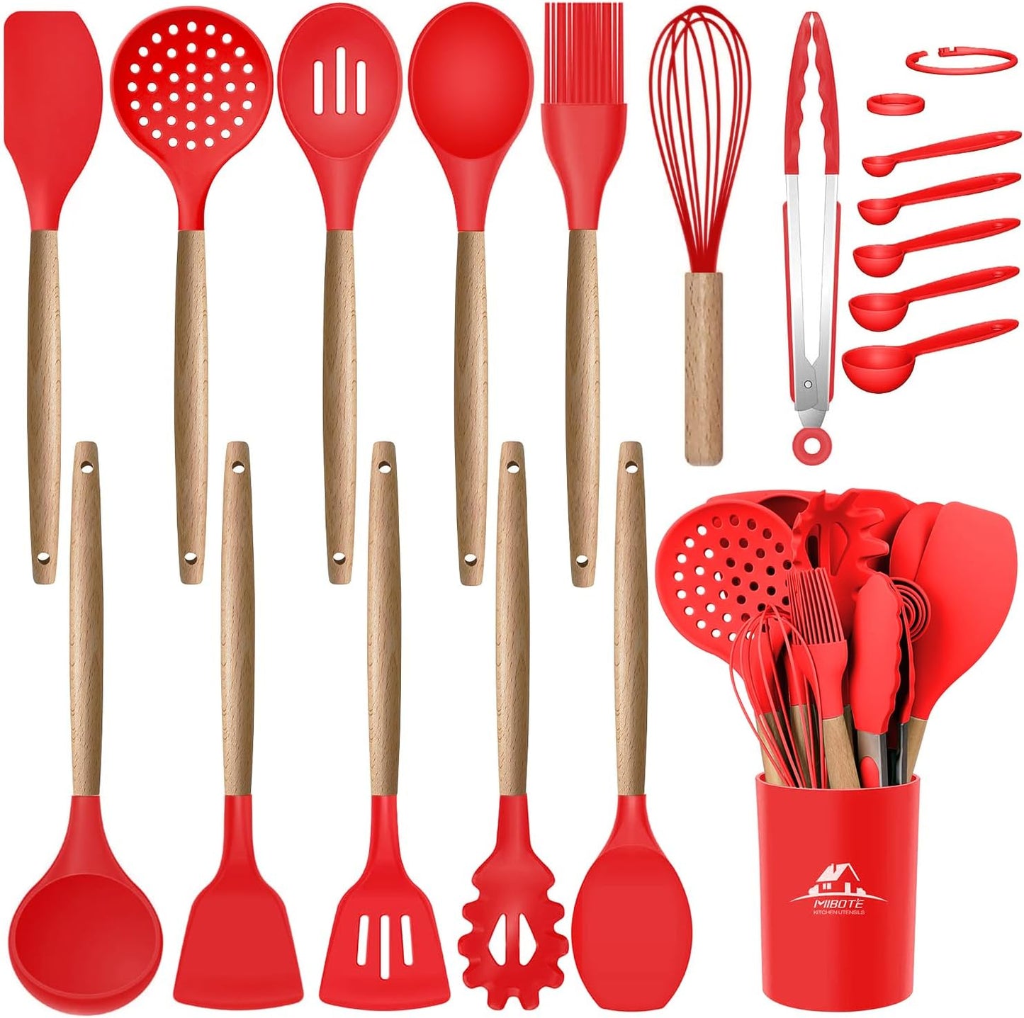 MIBOTE Silicone Cooking Utensils Kitchen Utensil Set - 446°F Heat Resistant,Turner Tongs, Spatula, Spoon, Whisk, Wooden Handle Kitchen Gadgets with Holder for Nonstick Cookware Christmas (Red)