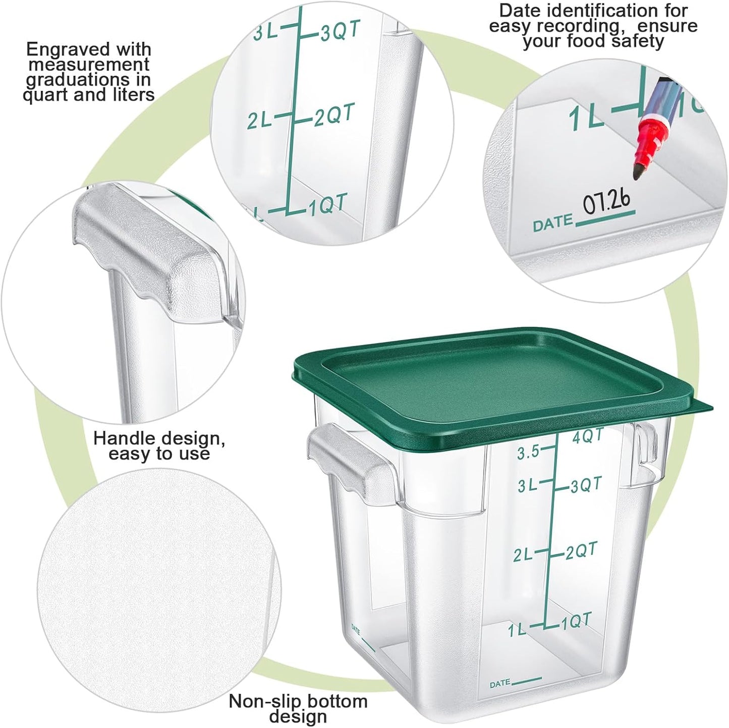 Maxcheck 4 Pcs 4Qt Food Storage Container with Lids Set Square Clear Commercial Containers with Scale and Handle Space Saving for Home Kitchen Restaurant Proof Dough Marinating Meat (Red, Green)