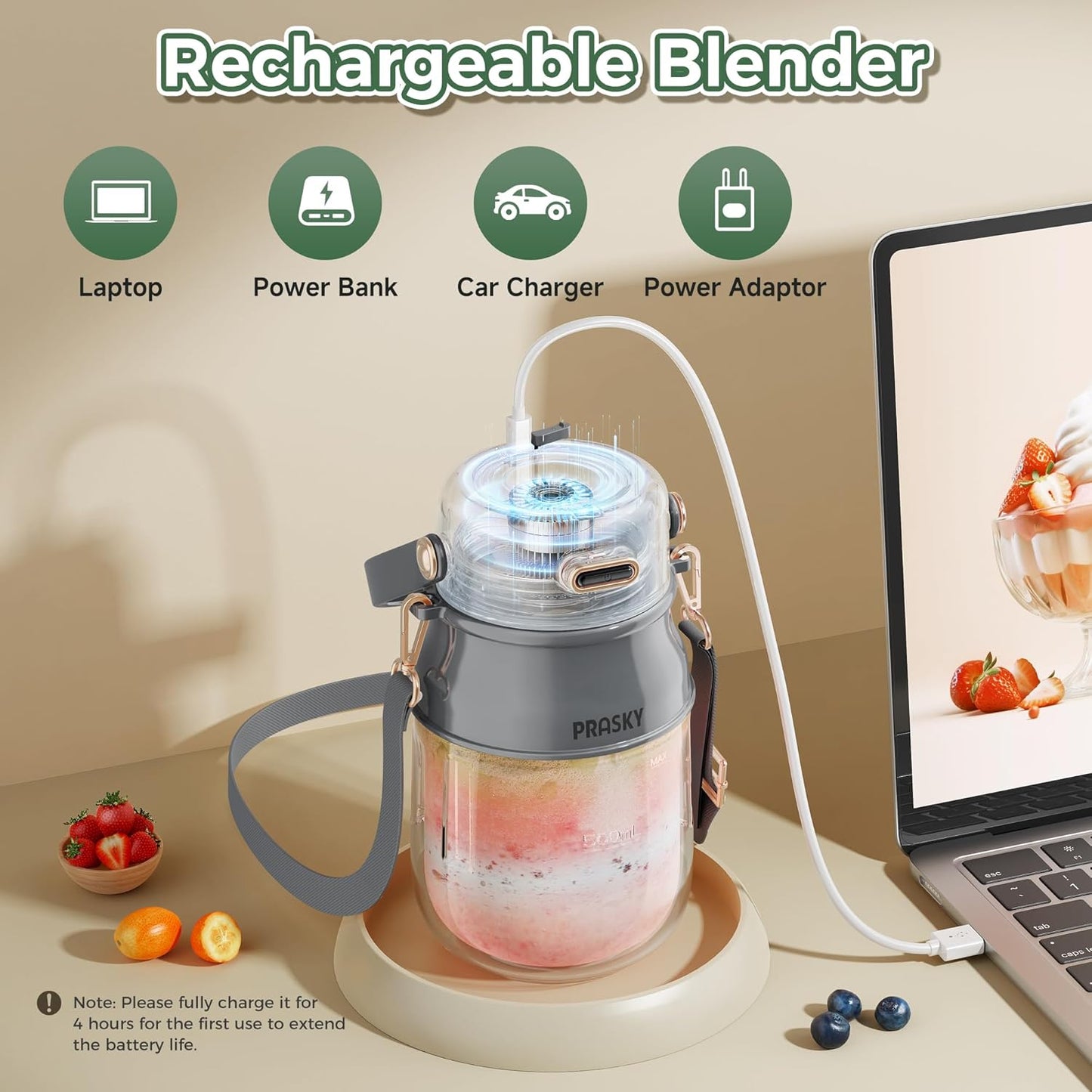 Portable Blender, Prasky Personal Blenders for Shakes and Smoothies with 27oz Cup, Lid and Shoulder Strap, Type-C USB Rechargeable, Personal Size Blenders BPA-free for Travel/Kitchen (Light Gray)