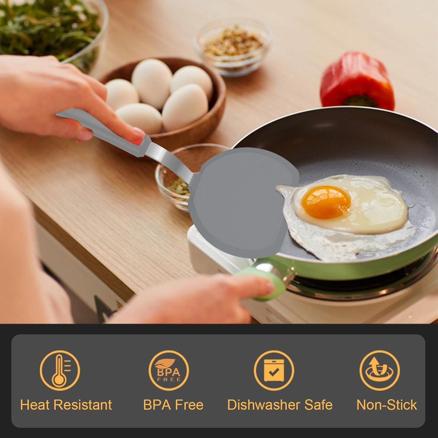 Beijiyi Silicone Spatula Turner Set of 3, 600°F Heat Resistant Nonstick Turner Spatulas for Kitchen Use, Large Flexible Silicone Cooking Utensils Rubber Spatula Set for Egg, Pancake, Fish (Gray)