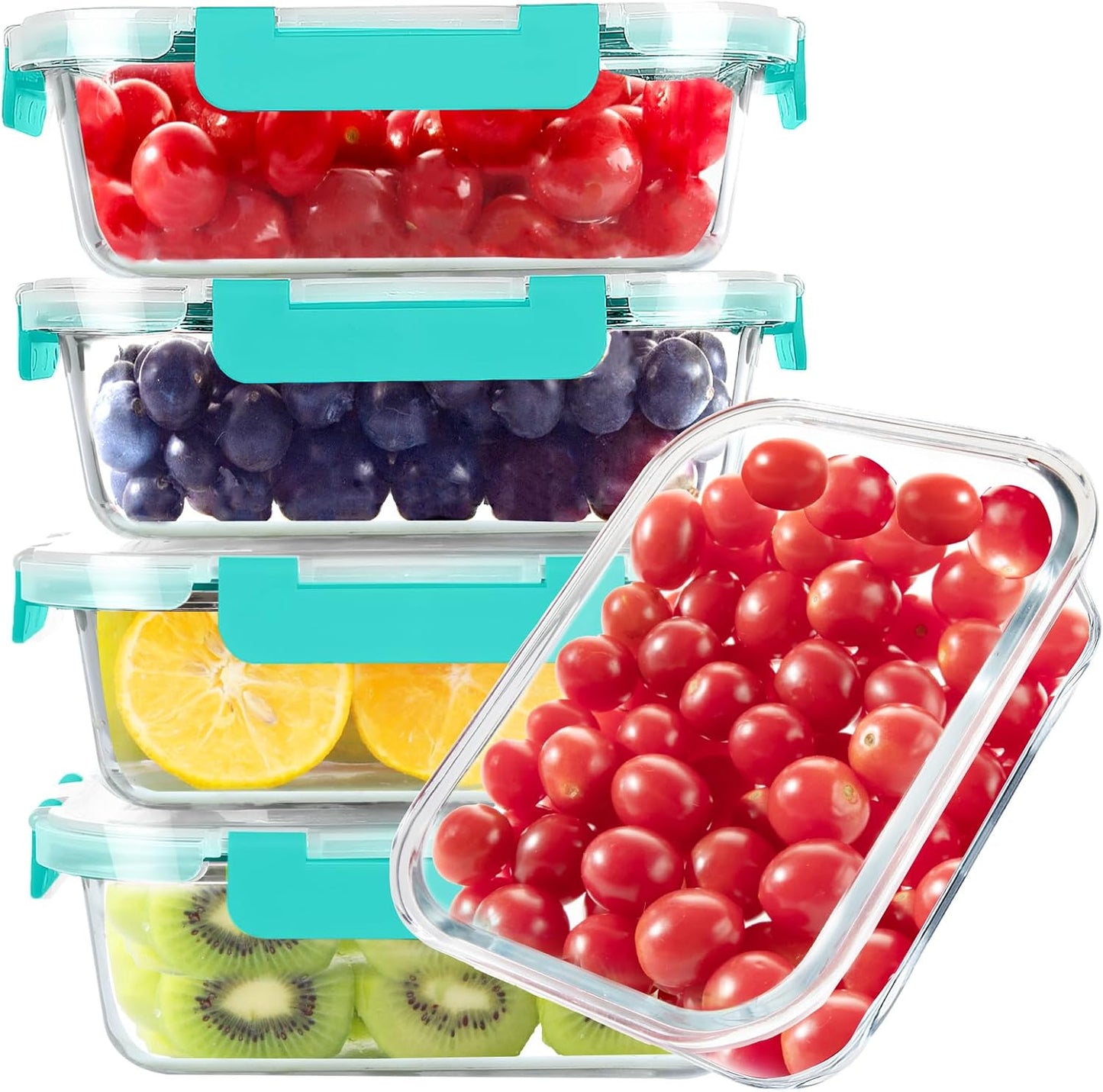 BAYZZ Glass Food Storage Containers, 5 Pack 35 Oz Glass Meal Prep Containers, Lunch Boxes with Airtight BPA-Free Lids, Microwave, Freezer and Dishwasher Safe,Green
