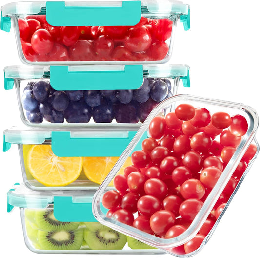 BAYZZ Glass Food Storage Containers, 5 Pack 35 Oz Glass Meal Prep Containers, Lunch Boxes with Airtight BPA-Free Lids, Microwave, Freezer and Dishwasher Safe,Green