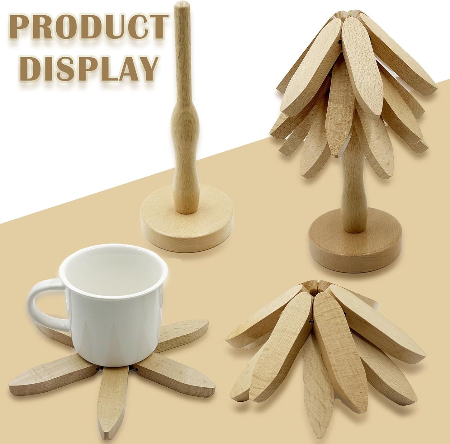 Cheardia Tree Trivet for Hot Dishes, Wooden Tree Shape Coasters Set, 3 Wooden Trivets and 1 Stand for Pot, Bowl, Teapot, Beech Wood