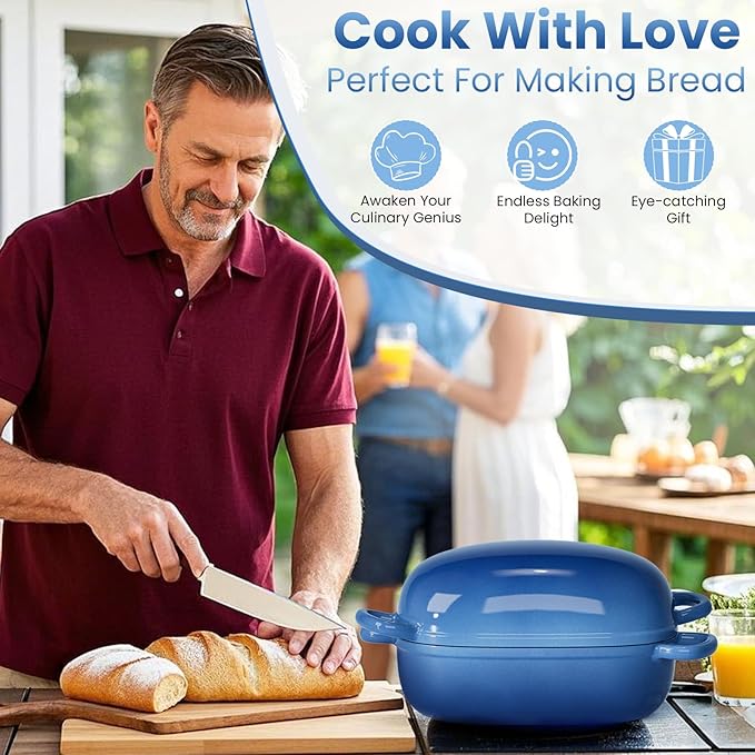 Cast Iron Dutch Bread Oven - 2.5QT Dutch Oven for Sourdough Bread Baking, Cast Iron Bread Loaf Pan with Lid, Easy Homemade Sourdough Dutch Oven, Blue Oval Bread Baking Pan, Gift for Family & Baker