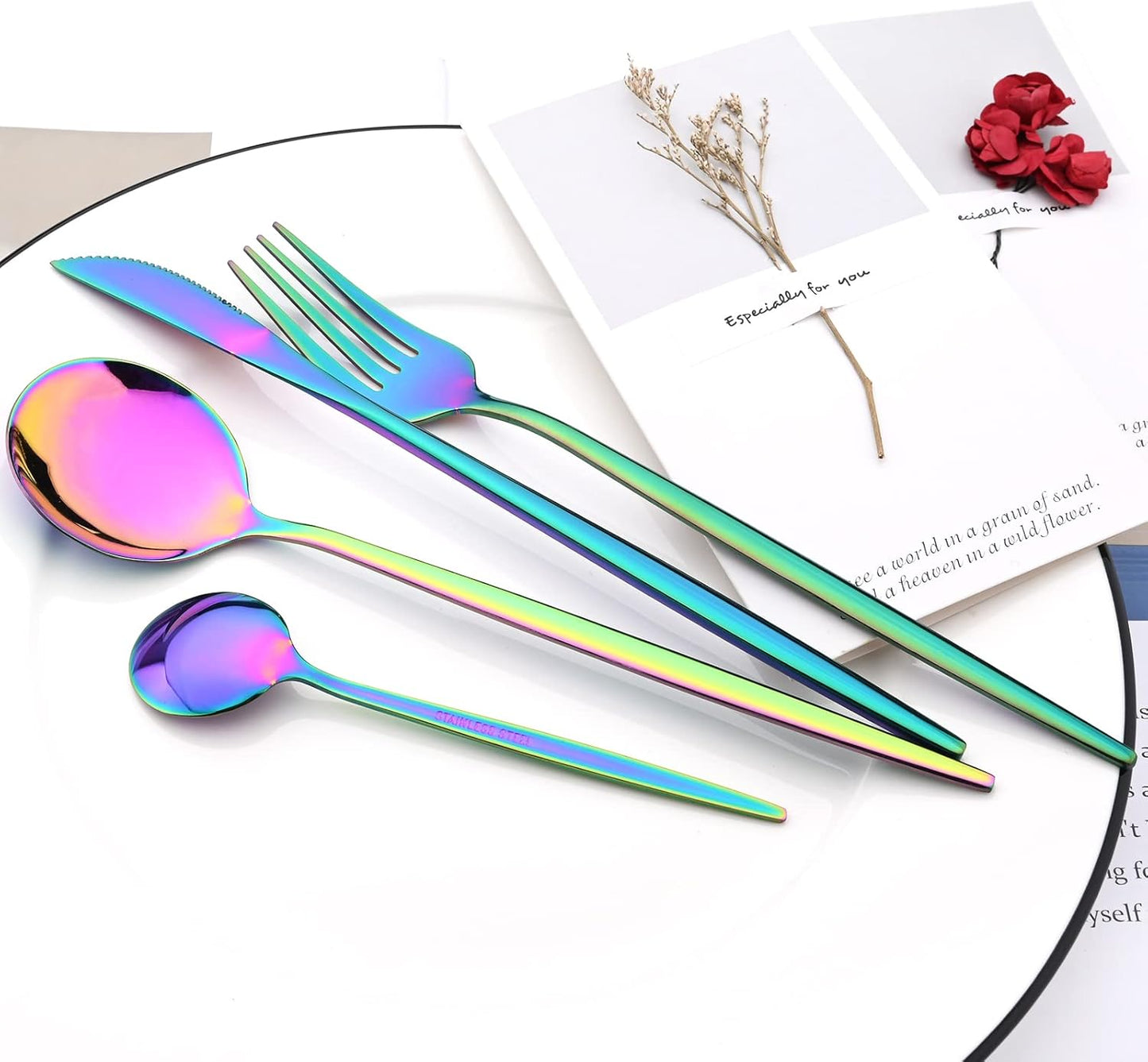 24-Piece Mirror Rainbow Cutlery Set, Snplowum Stainless Steel Flatware Hanging Tableware Silverware Set Include Knife/Fork/Spoon/Teaspoon and Storage Rack For Daily Use, Service For 6