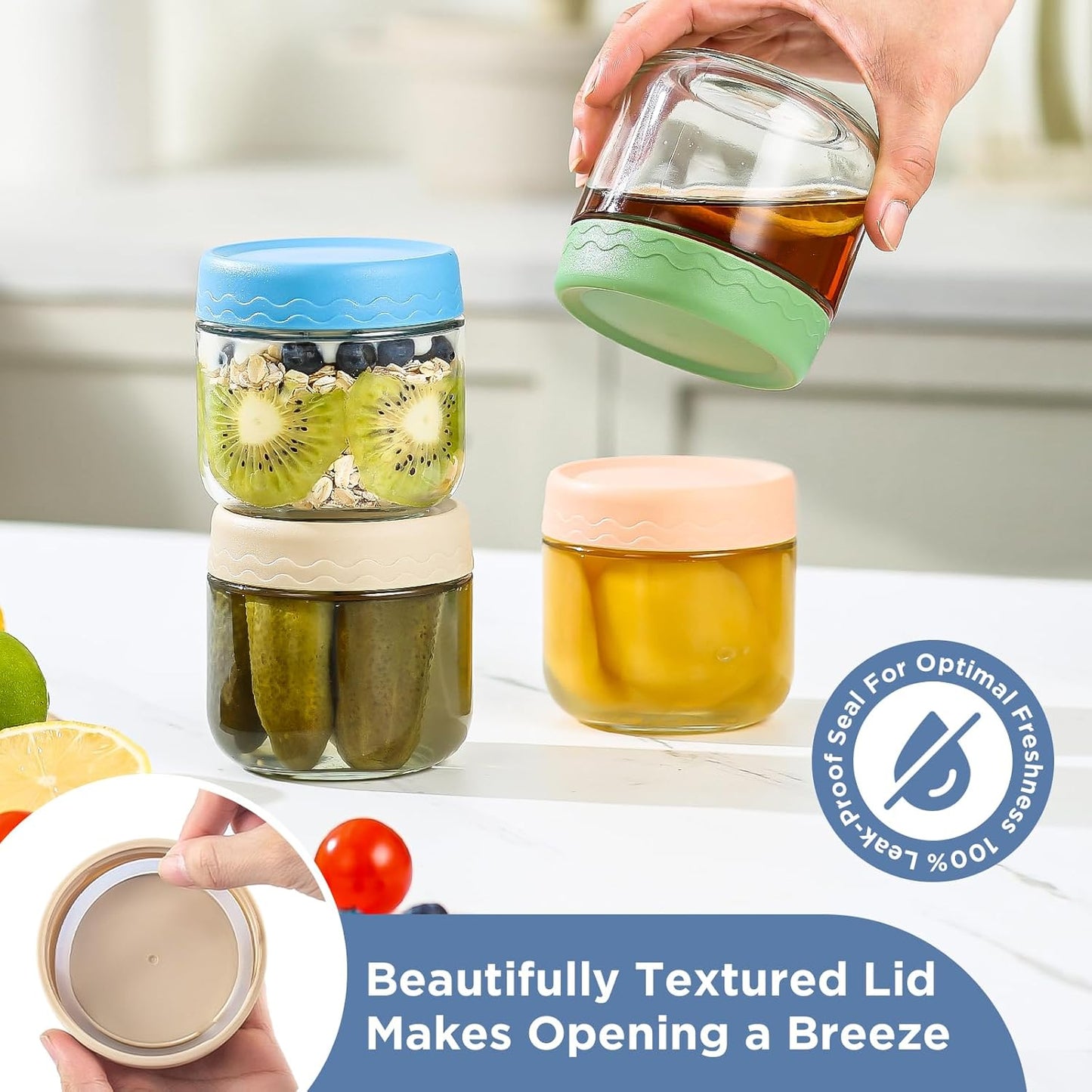 DRKIO 10 Oz Overnight Oats Containers with Lids - 4 Pack Glass Storage Jars with Airtight Lids Wide Mouth Mason Food Jars Great for Meal Prep Salad Chia Pudding Snacks Yogurt Sugar Spice Cereal