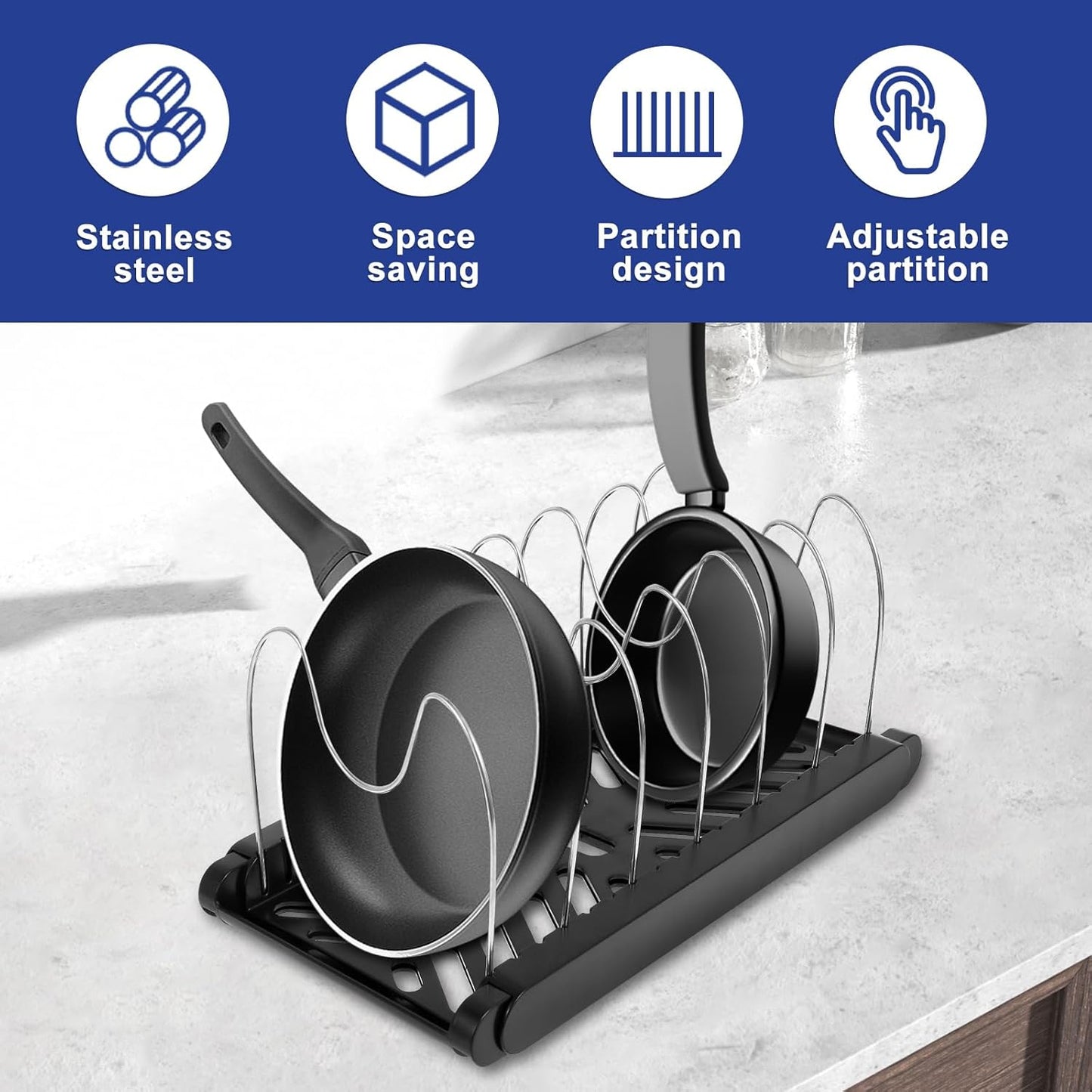 2Pack Pot and Pan Organizers Rack Multipurpose Anti Slip Pot Lid Holder Space Saving Cookware Baking Frying Rack Adjustable Cookware Baking Storage Holder for Kitchens (Black-2Pcs)
