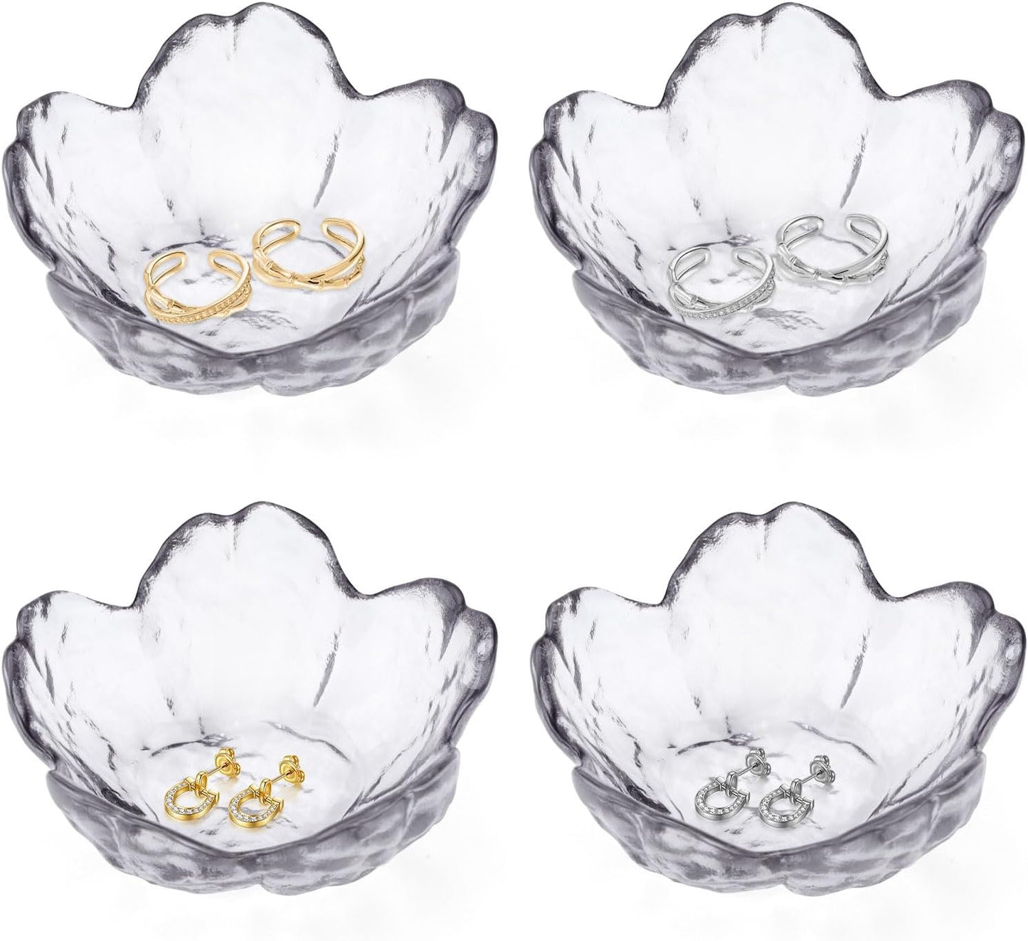 4 Pack Ring Dish Jewelry Tray, Small Glass Trinket Dish, Decorative Aesthetic Ring Holder Plate Bowl for Women Earring Bracelet for Vanity Nightstand (Crystal Grey)