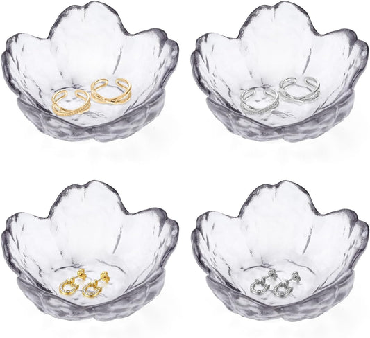 4 Pack Ring Dish Jewelry Tray, Small Glass Trinket Dish, Decorative Aesthetic Ring Holder Plate Bowl for Women Earring Bracelet for Vanity Nightstand (Crystal Grey)
