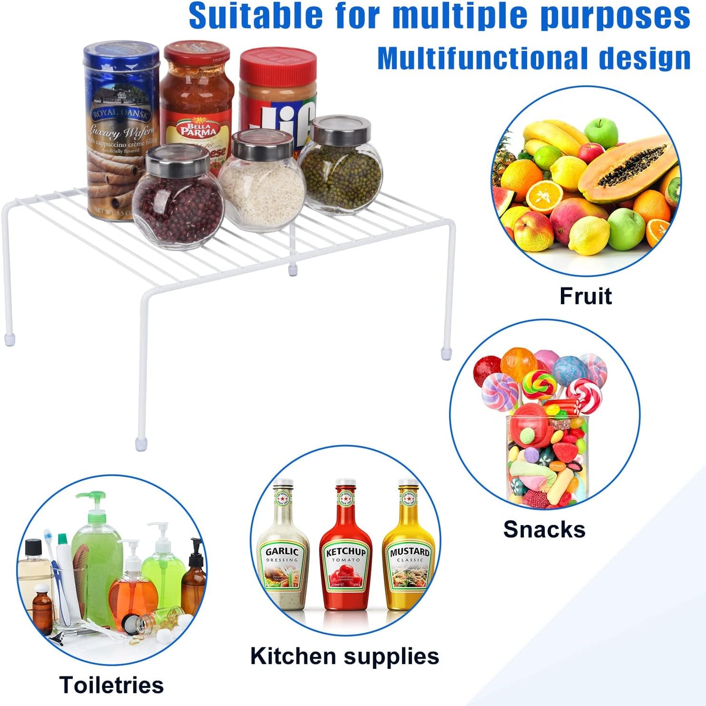 Kitchen Cabinet Storage Shelf Rack/Plastic Feet - (13.1 x 10.2 Inch) - Steel Metal - Rust Resistant Finish - Cups, Dishes, Cabinet & Pantry Organization (4, White)