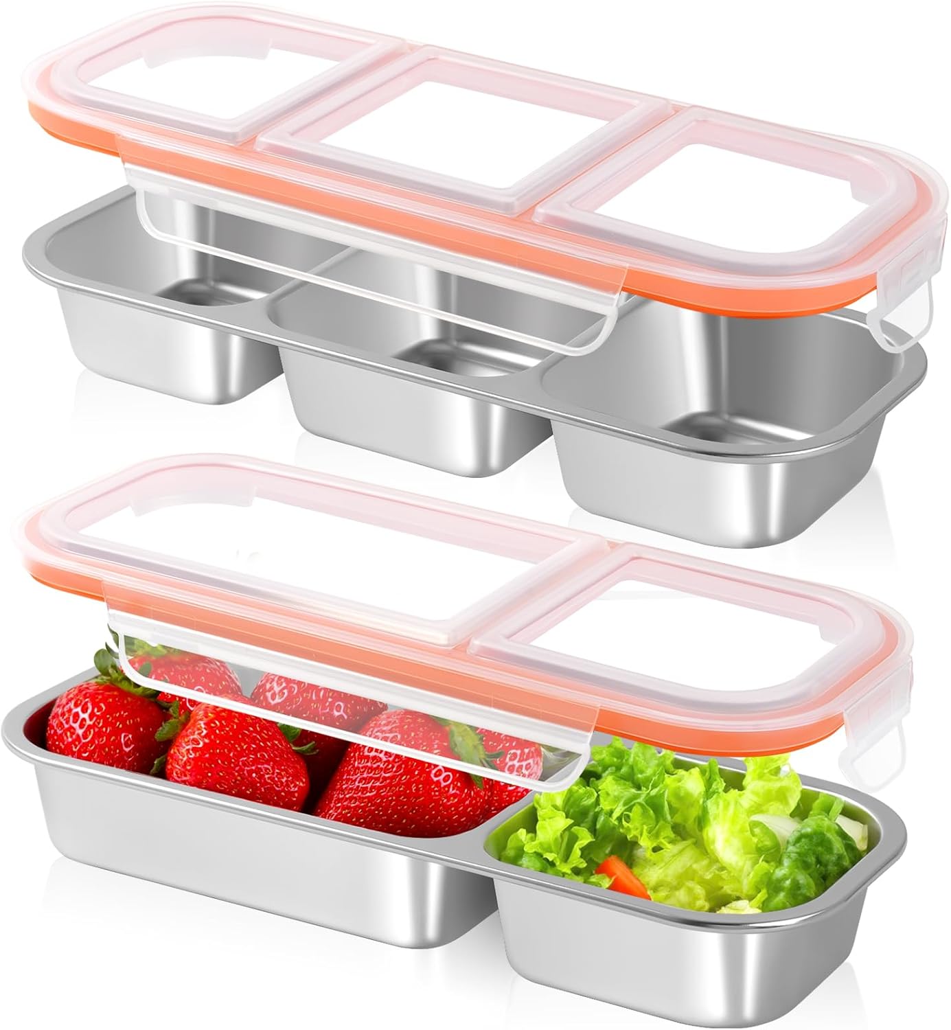 2 Pack Stainless Steel Snack Containers, Reusable 3 Compartment + 2 Compartment Condiment Box with Lids snack box, Food Storage Lunchable Containers for Home, School, Work, Travel