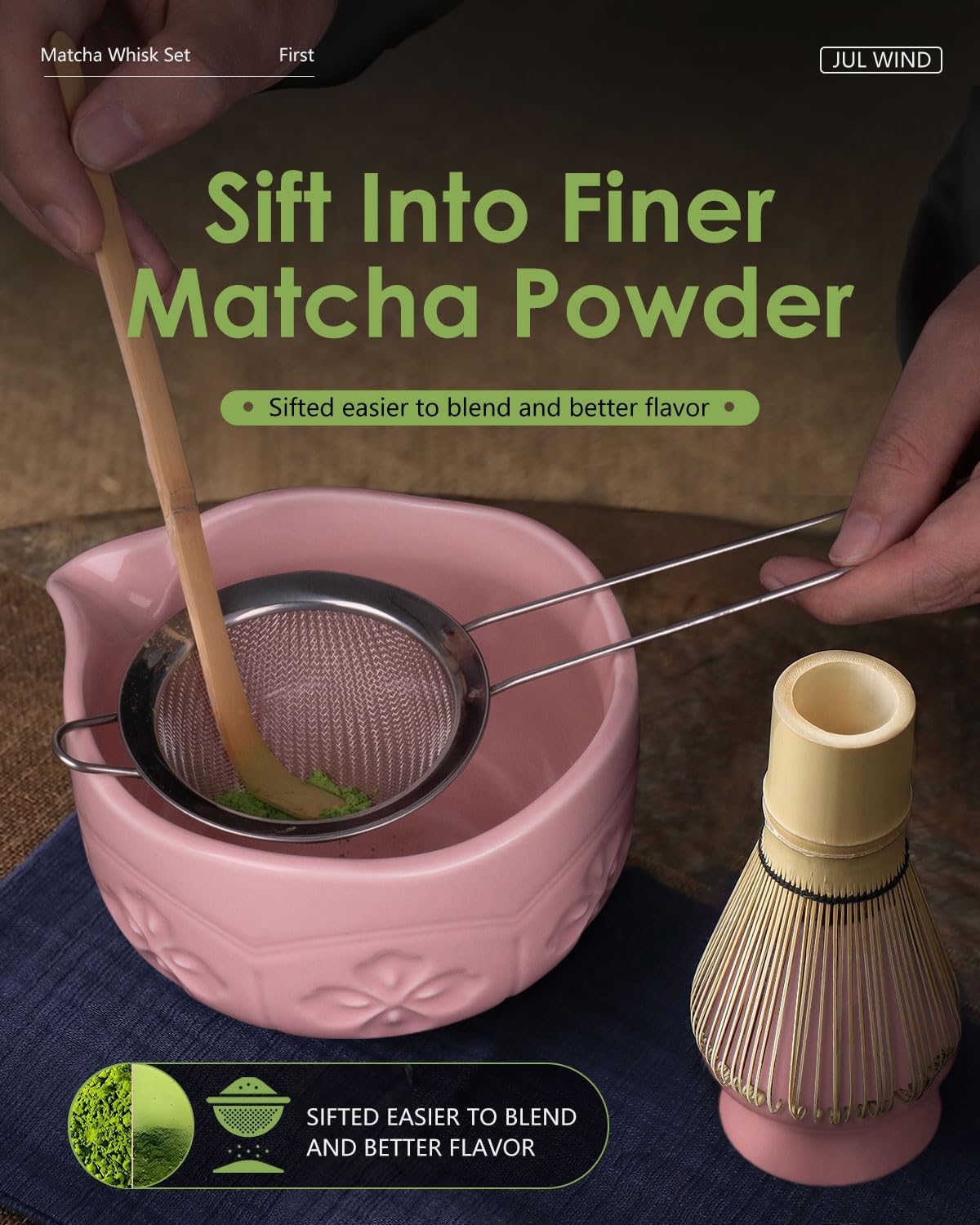 Matcha Whisk Set, Ceramic Matcha Set Includes Bowl with Spout, Whisk and Holder, Bamboo Scoop, Sifter and Tea Towel - 6 Pcs Matcha Kit Gift for Lovers Beginners (Pink)