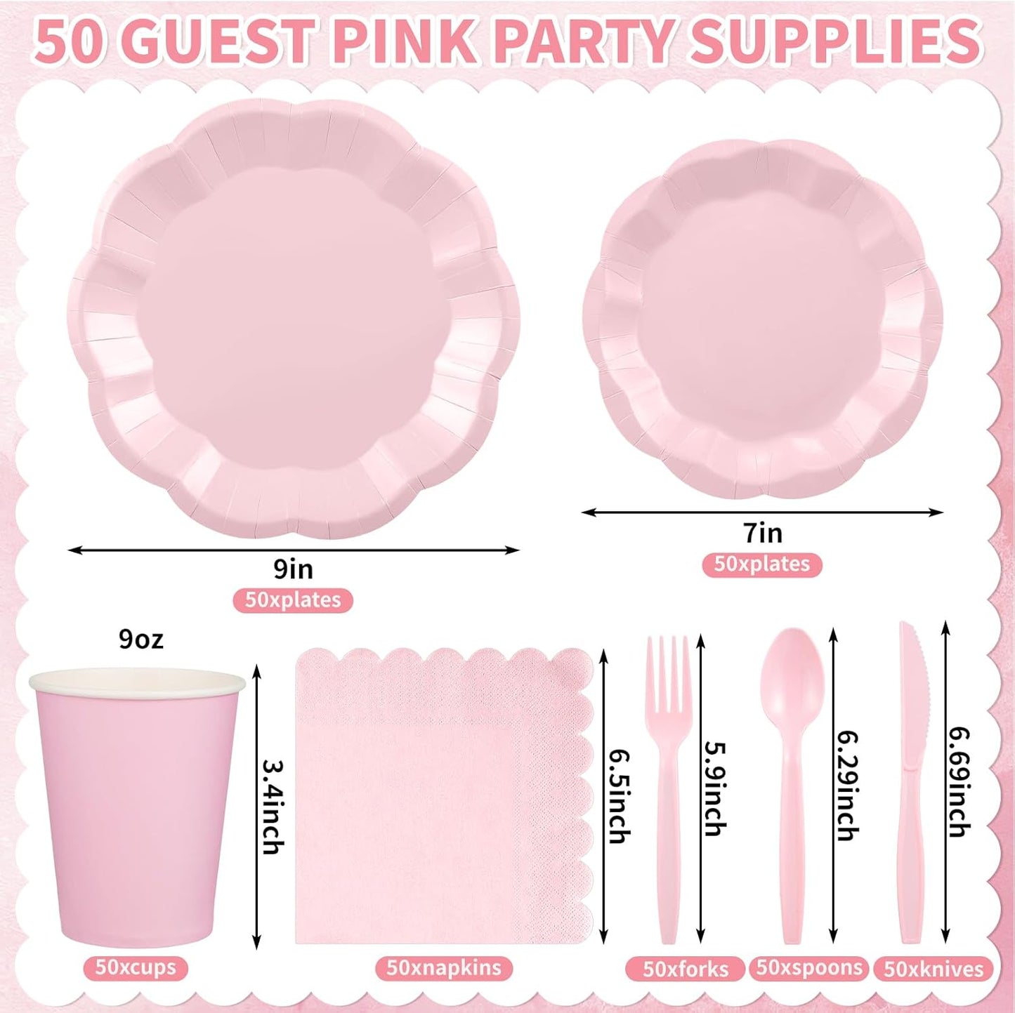 350 Pcs Pink Party Supplies Include Scalloped Plate Napkin Cup Forks Knives, Plastic Cutlery 50 Guest Disposable Party Tableware Set for Wedding Baby Shower Bridal Shower Birthday Parties