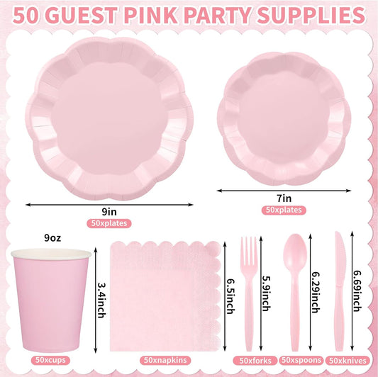 350 Pcs Pink Party Supplies Include Scalloped Plate Napkin Cup Forks Knives, Plastic Cutlery 50 Guest Disposable Party Tableware Set for Wedding Baby Shower Bridal Shower Birthday Parties