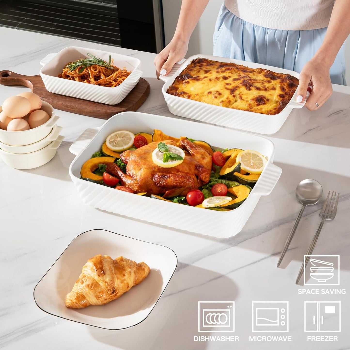 Sweejar Ceramic Baking Dish Set, Cake Baking Dish for Brownie, Porcelain Striped Casserole Dishes for Oven with Handle for Lasagna, Family Dinner(White)