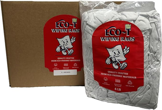 6 x 4 Lb Bags (24 Lbs) Eco-T Paint Rags - White T-Shirt Material, 100% Recycled, Eco-Friendly, High Absorbency, Low Lint, Low-Cost, Painting and Cleaning Cloth (6 x 4 Lb Bags)