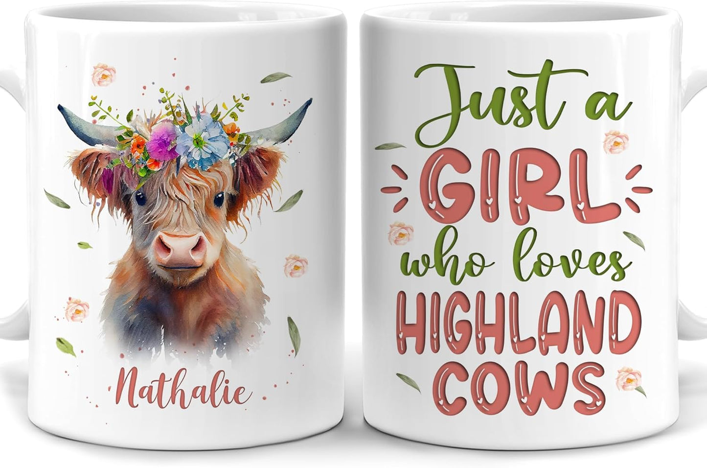 Hyturtle Personalized Gifts Highland Cow Lover - Just A Girl Who Loves Highland Cows Custom Name Ceramic Coffee Mug Cup 11oz - Idea Cute Animal Lover Gifts For Women, Girl On Birthday, Christmas