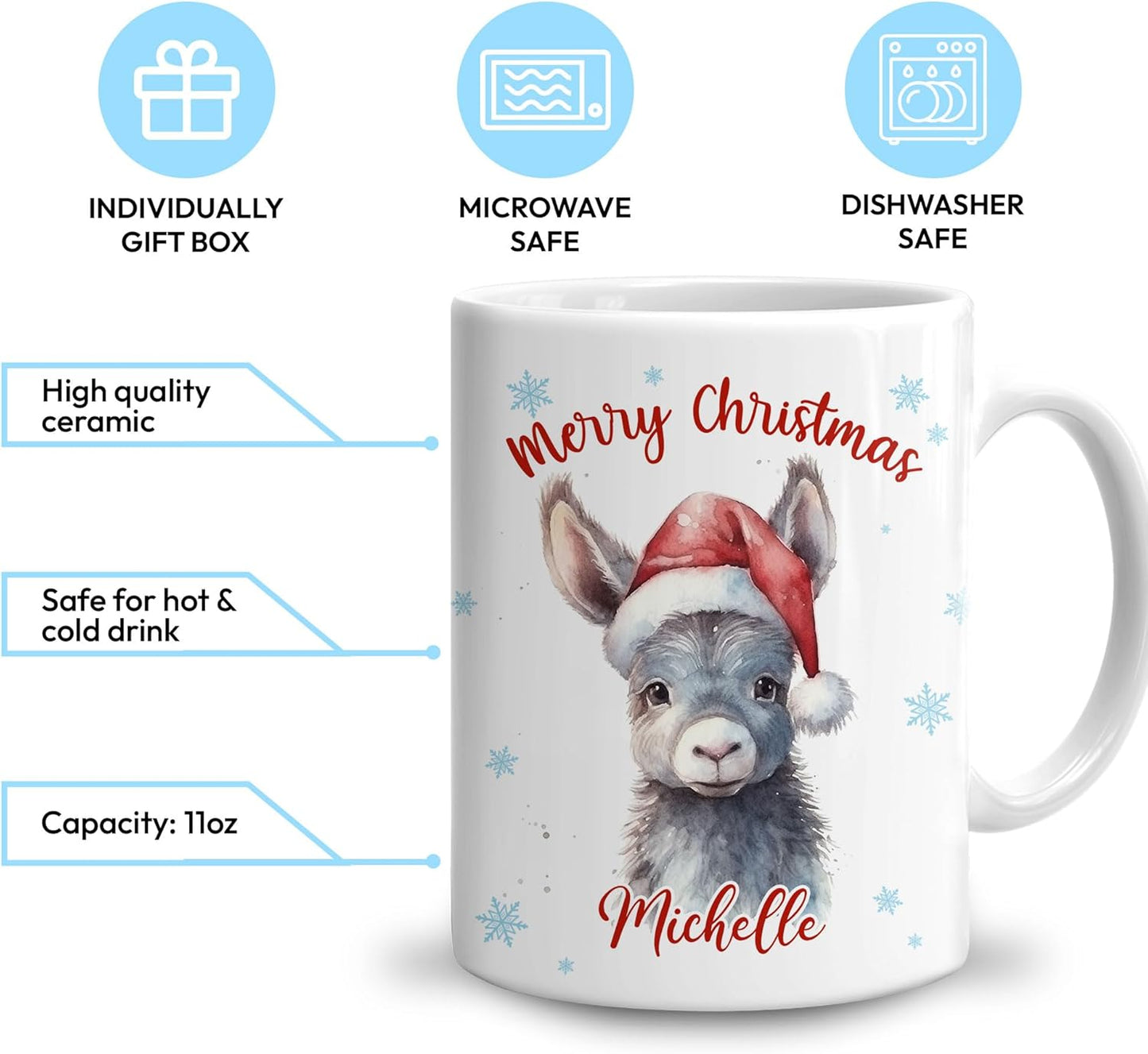 Hyturtle Personalized Gifts Donkey Lover - Donkey Wearing Santa Hat Custom Name Ceramic Coffee Mug Cup 11oz - Cute Animal Lovers Gifts For Women, Girl kids Family On Birthday, Christmas