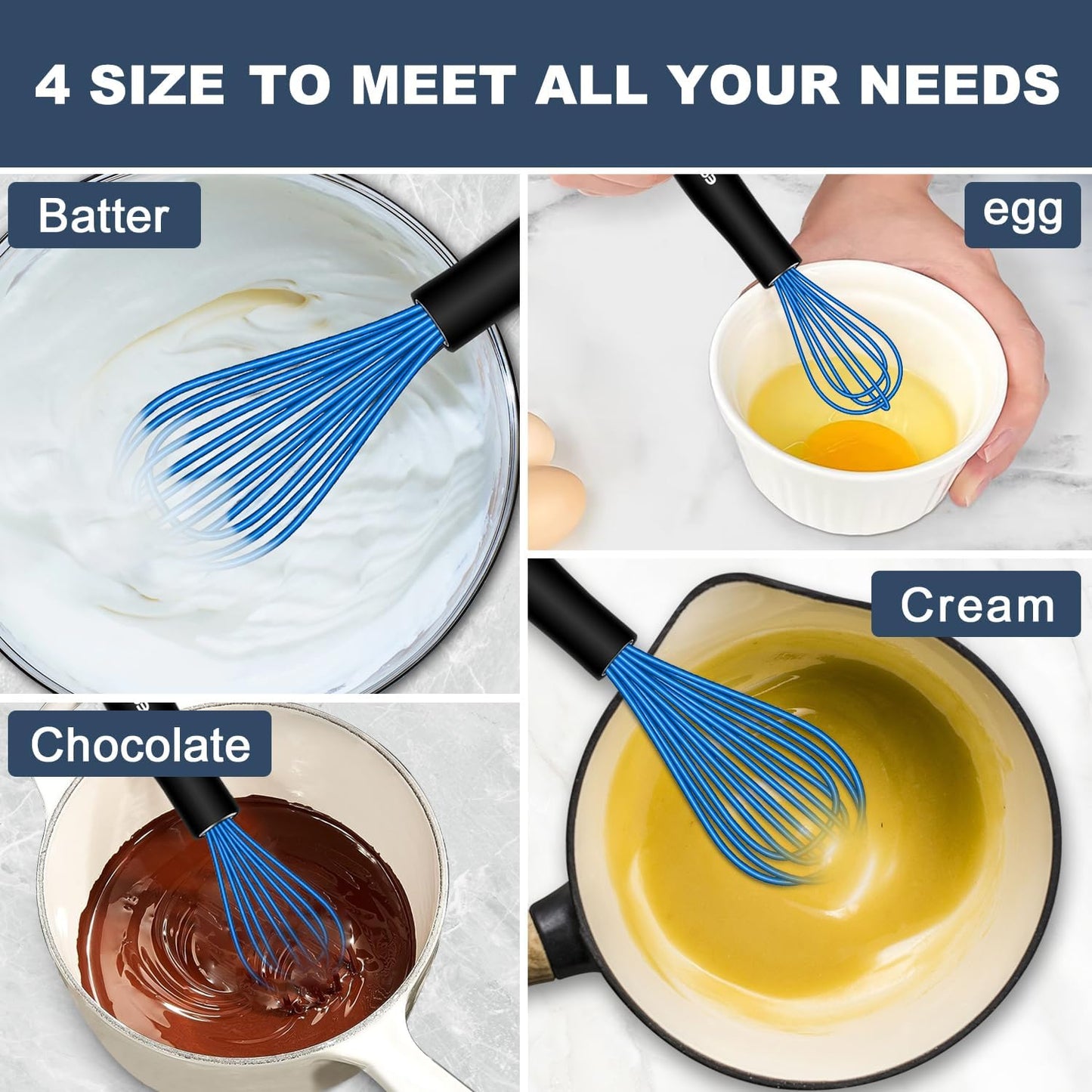 Silicone Whisk, Non Scratch Whisk for Cooking, 5+7+9+11in Balloon Whisks, Suitable for Mixing, Blending. 11in Flat Whisks great for Ceramic Coated pans and Wider shallower pots. (Blue)