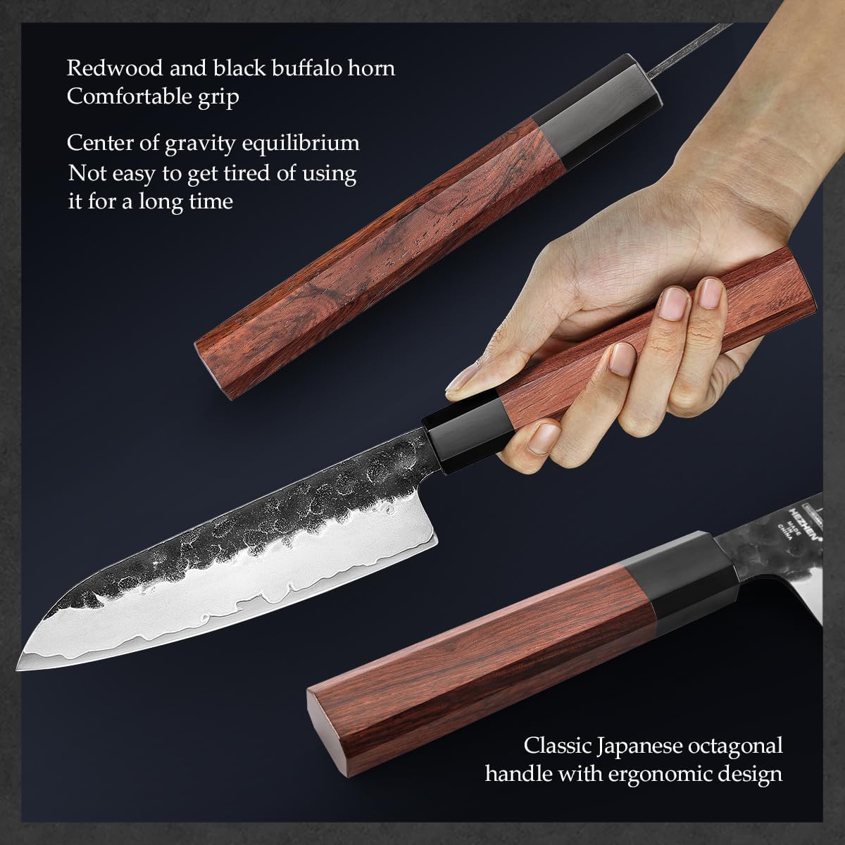 HEZHEN 5.5 Inches Santoku Knife, Three-layer Clad Steel, Professional small Japanese Chef Knife, Ultra Sharp Blade, Red Wood Octagonal Handle