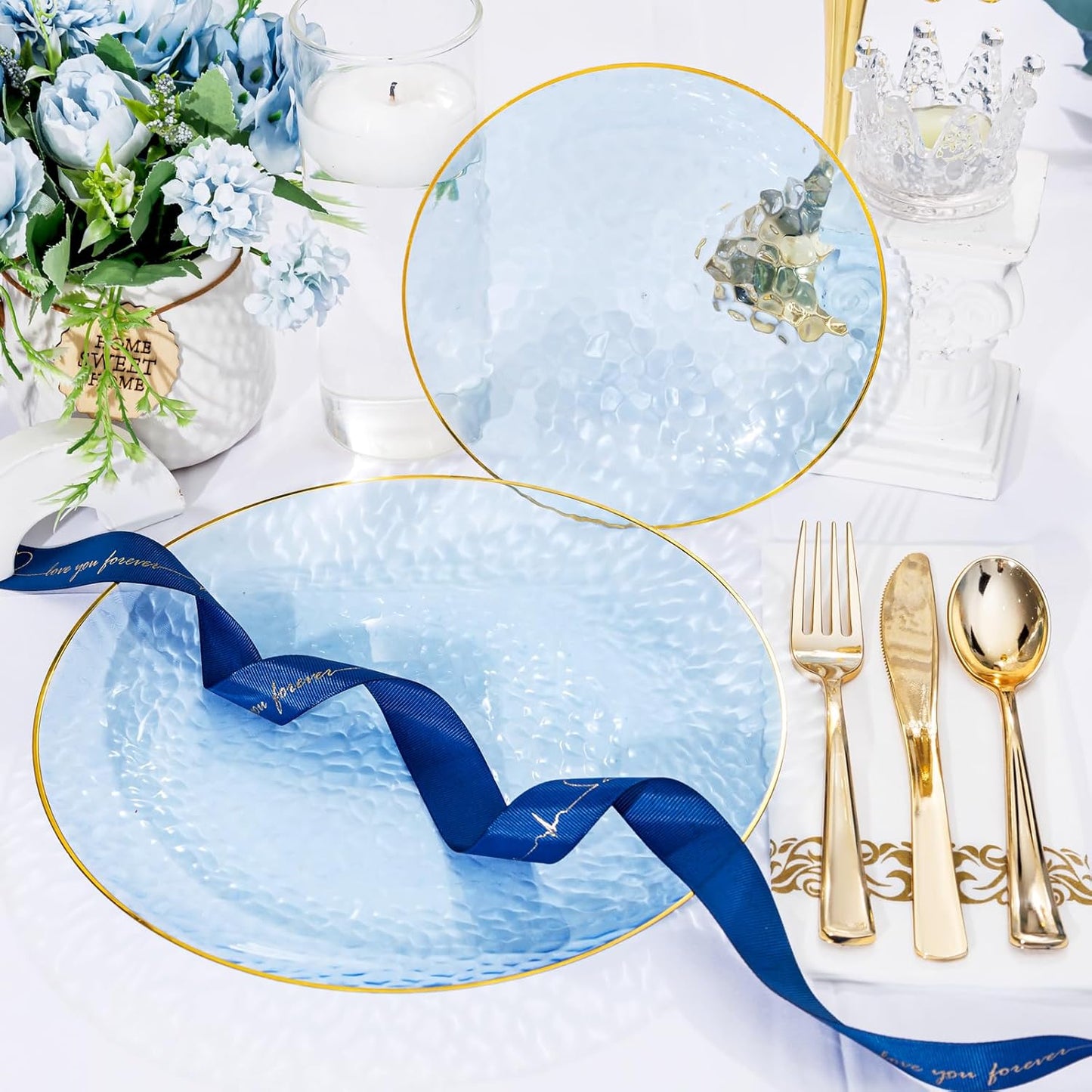 DaYammi 350PCS Clear Blue Gold Plastic Dinnerware Set for 50 Guests, Hammered Disposable Plates for Party, Include: 50 Dinner Plates, 50 Dessert Plates, 150 Gold Silverware, 50 Napkins, 50 Cups